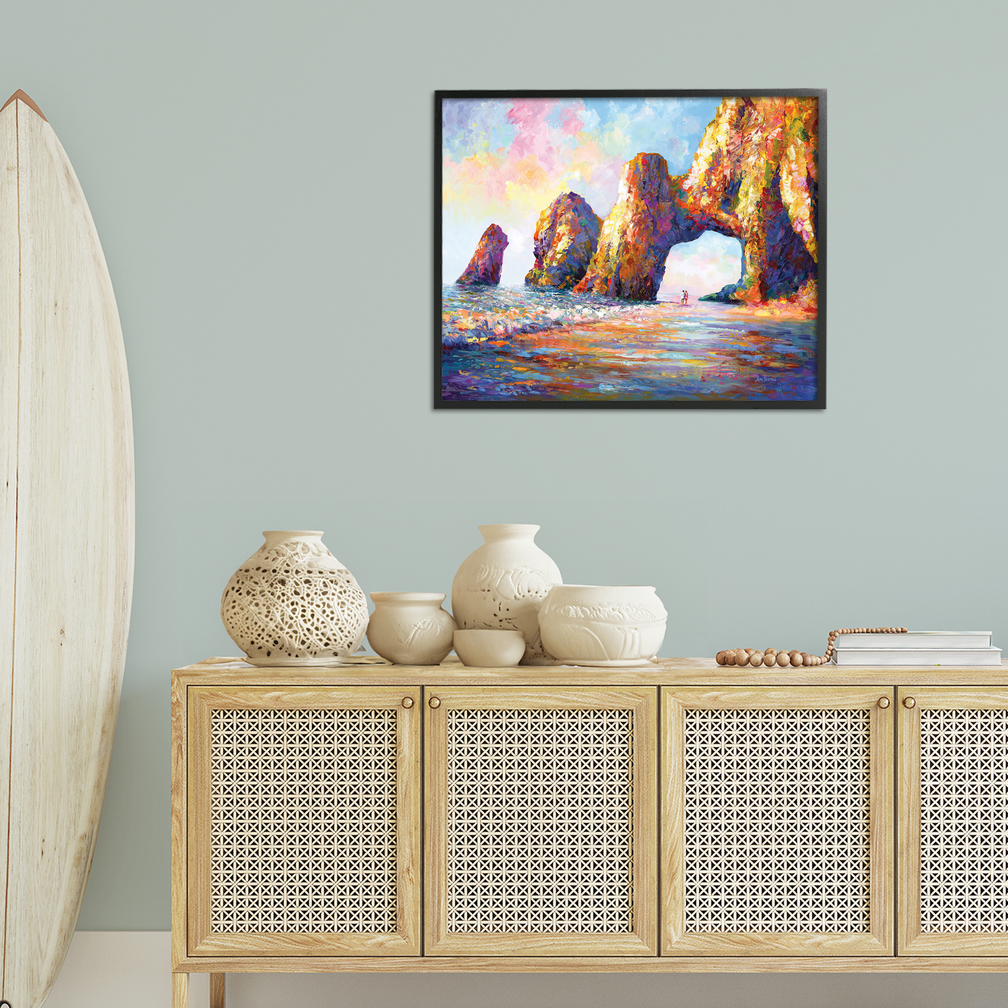 Stupell Industries Couple Strolling Beach Arch Landscape Painting Black Framed Art Print Wall Art, 30 x 24