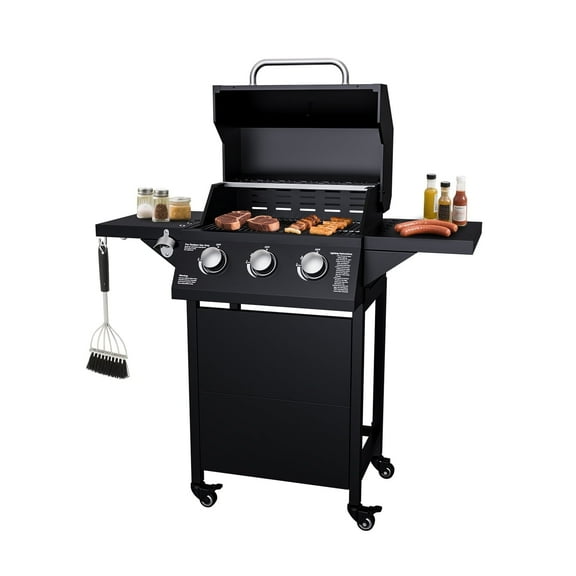 3-Burner Propane Gas Grill with 2 Foldable Side Tables, 30,000 BTU Outdoor BBQ Grill, Built-in Thermometer, Easy Assembly for Patio, Backyard BBQ