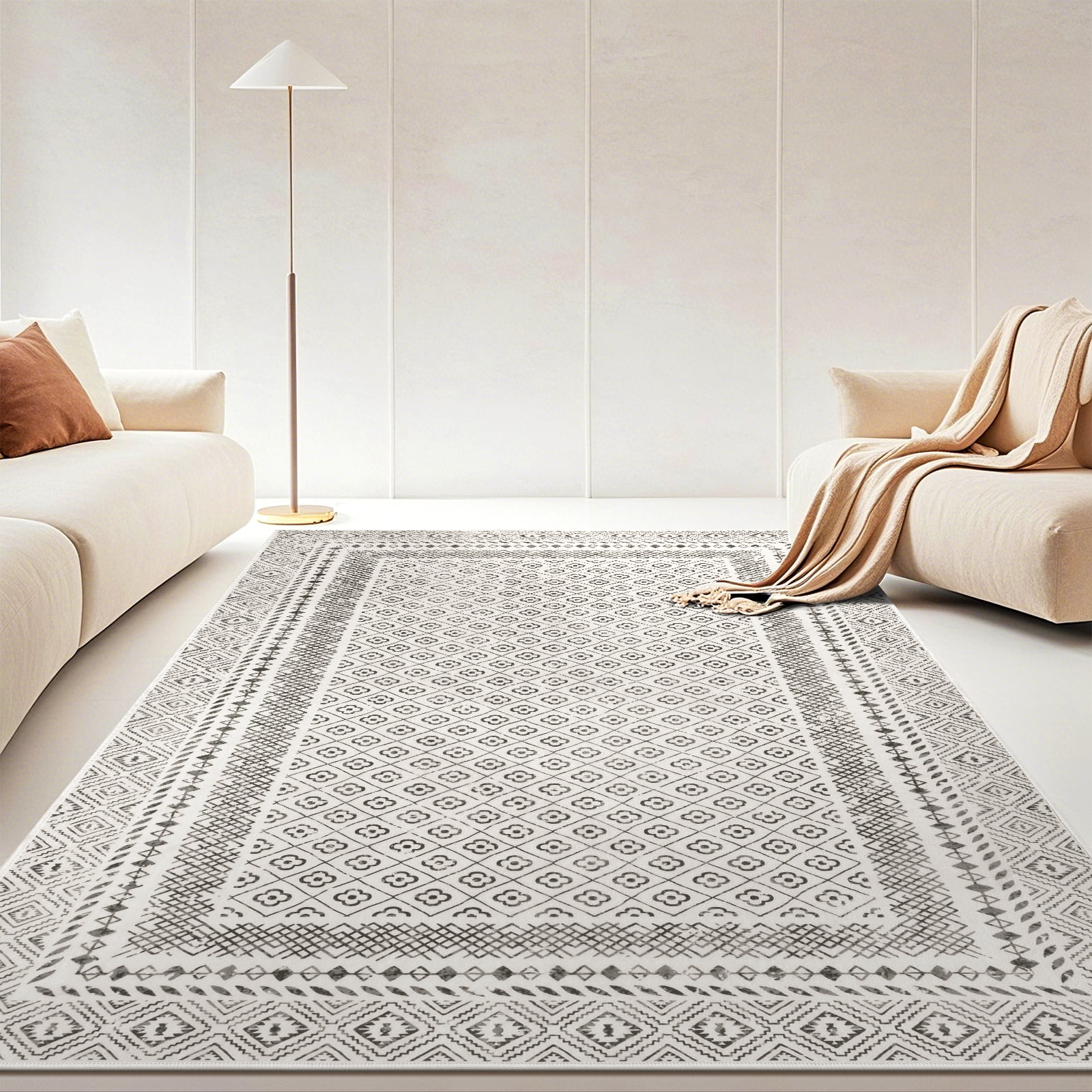 MeyJey 4'x6' Boho Floral Area Rug, Machine Washable Vintage Throw Rug, Non-Slip Stain Resistant Oriental Traditional Carpet for Living Room Bedroom Dining Room Office, Beige/Gray