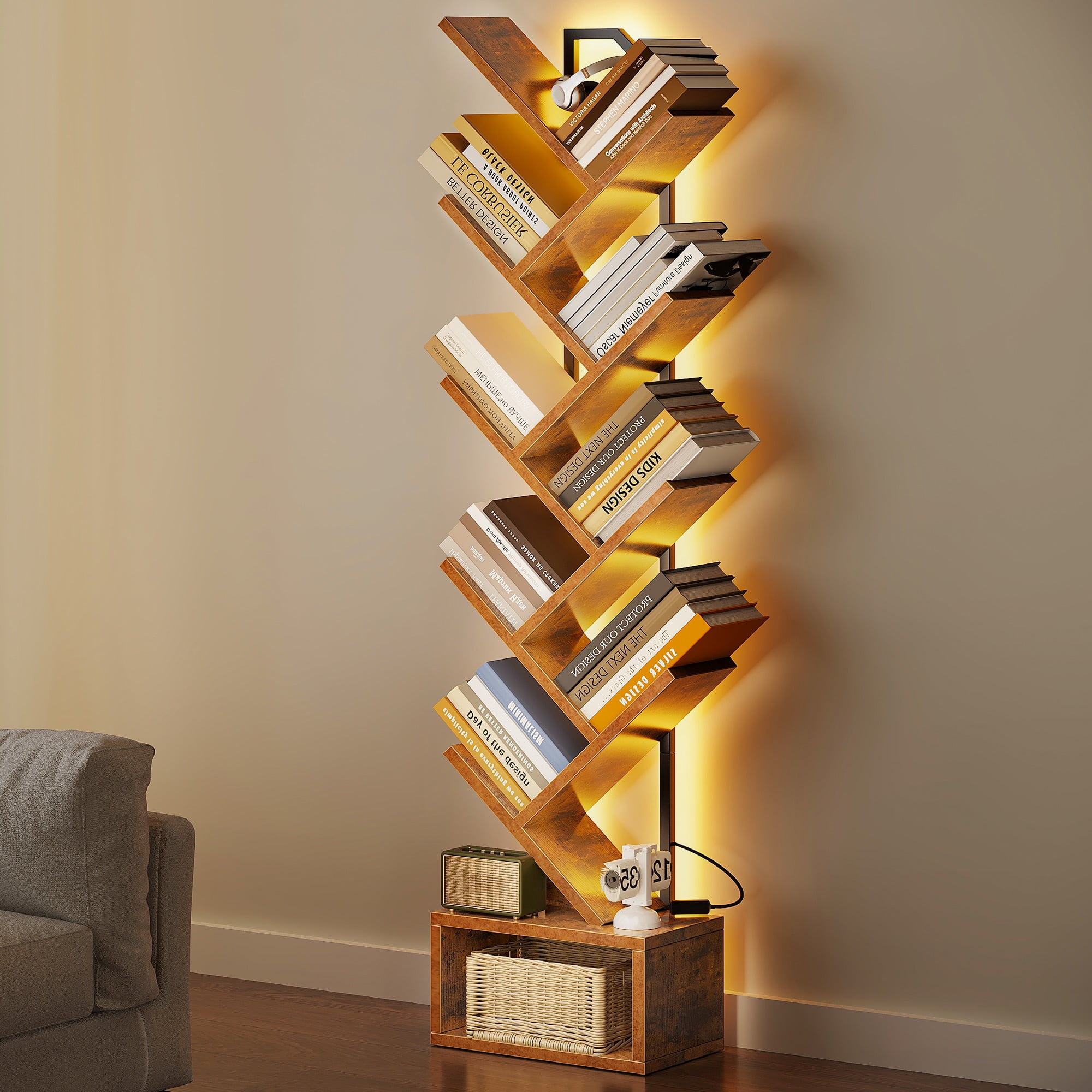 Casacomoda 8 Tier Tree Bookshelf, Bookcase with LED Lights, Display Floor Standing Storage Shelf, Book Organizer Shelves for Home Office, Living Room, Vintage