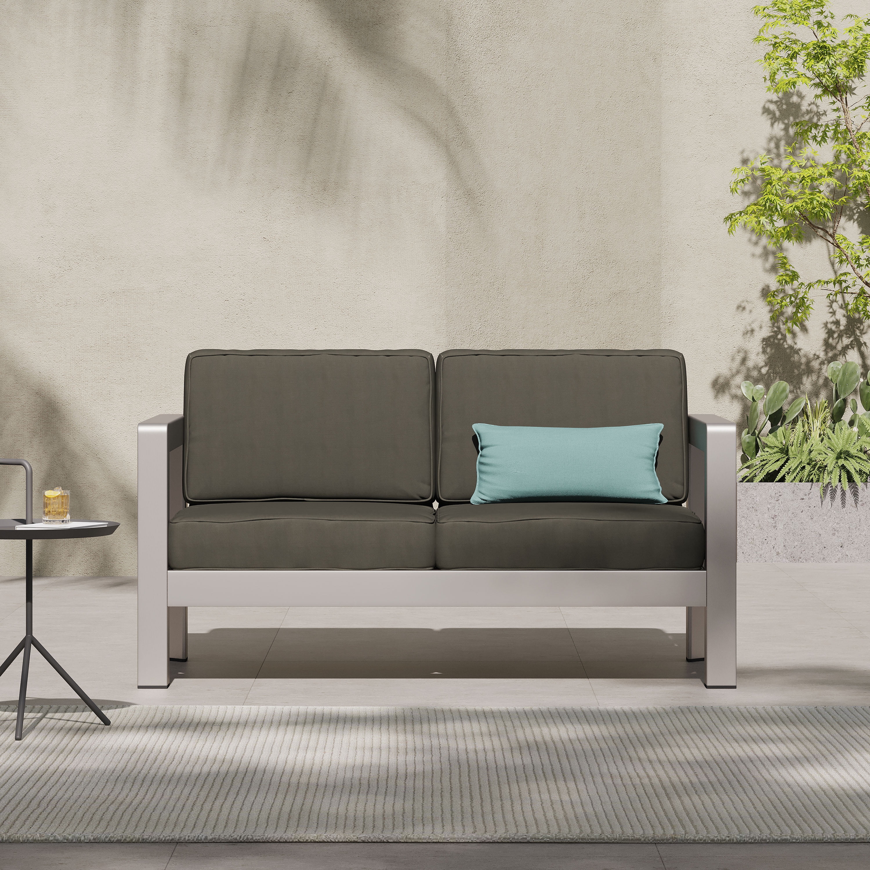 Outdoor Double Seat Loveseat, All Aluminum Frame Leisure Sofa for Patio Garden, Gray