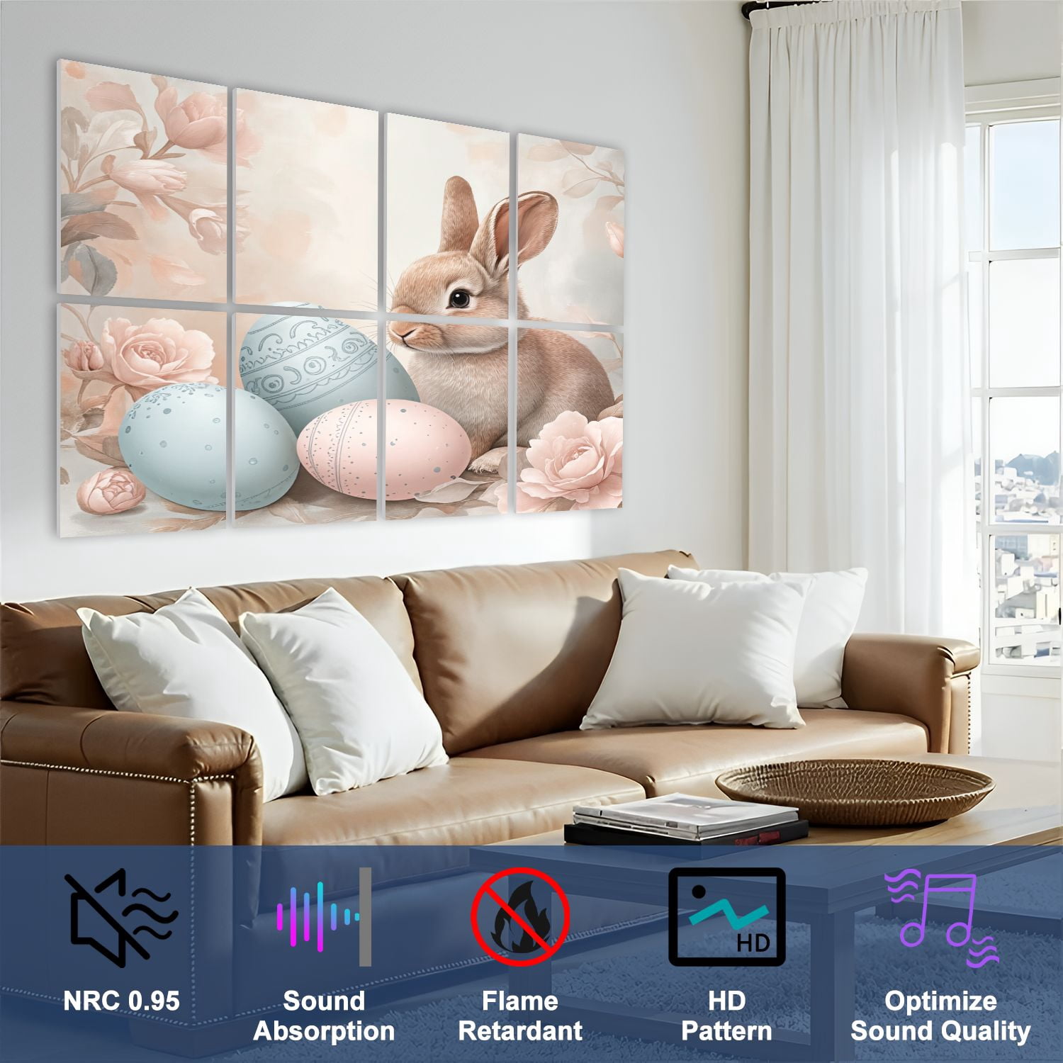 Bunny 8 Pack Art Acoustic Panels Sound Absorbing Bunny Easter Eggs vintage Decorative Soundproof Wall Panels Self Adhesive for Nursery Game Room Girls Bedroom 48"x32"