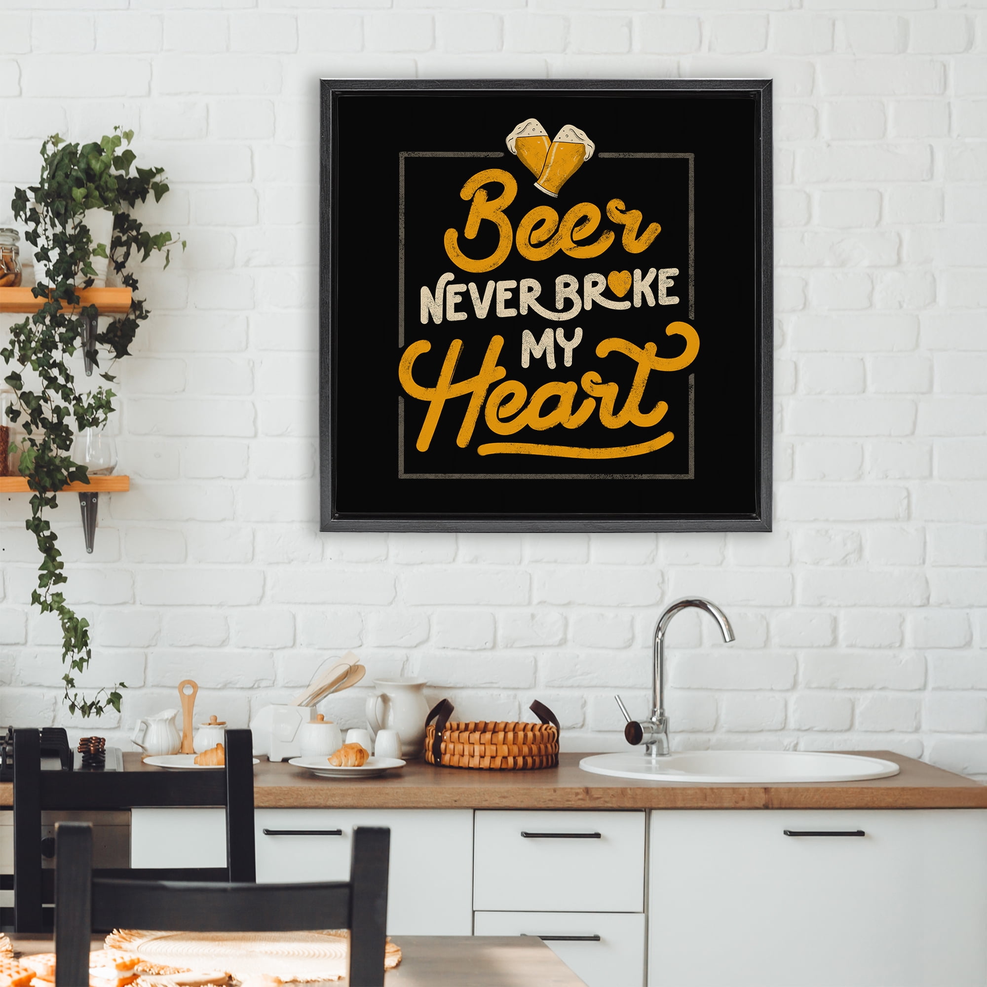 Stupell Industries Beer Never Broke My Heart Black Framed Floater Canvas Wall Art, design by EduEly Designs