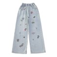 thumbnail image 4 of MKOSPLRT Girls Jeans Elastic Waist Funny Jeans Baggy Straight Wide Leg Jeans Cute Floral Embroidery Denim Pants Lounge Jeans with Pocket, 4 of 8