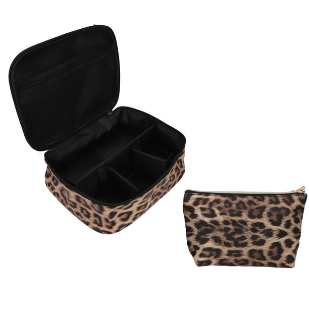 Bolsa de Maquilla de Cuero PU, Versátil Resistente a la Lágrima 4 Compariñanos Bag de Internos de Maquillaje Leopardo Ligero para Cepillos de MaquillaJe Para Familia