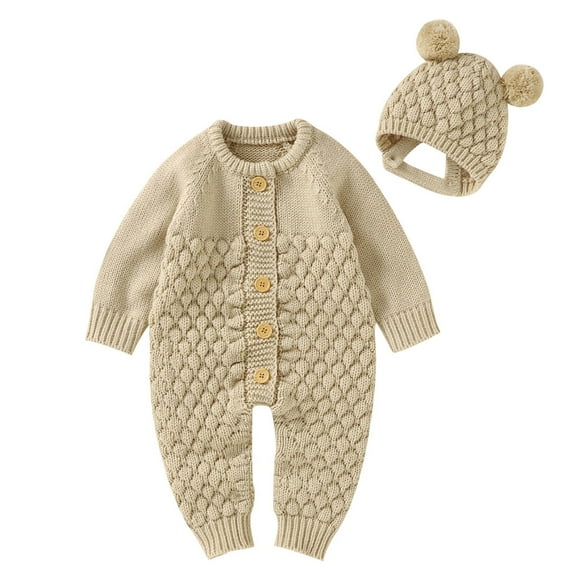 Baby Infant Knit Jumpsuits with Hat Newborn Crochet Button Front Romper Knit Overalls Crochet Set Sweater Clothe
