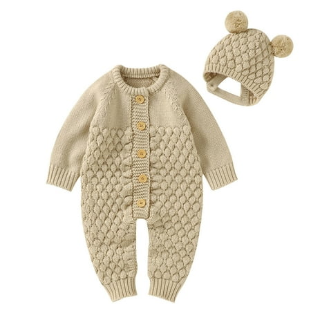

Baby Girl Boy Cotton Knitted Sweater Romper Jumpsuit Outfits Hat Set