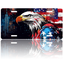 1 Pcs 2D Flat License Plate Covers & Frames, American Eagle with Cityscape For Decorative Front, Waterproof For Decoration Aluminum License Plate Covers & Frames Cover For Men Women, 12" X 6"