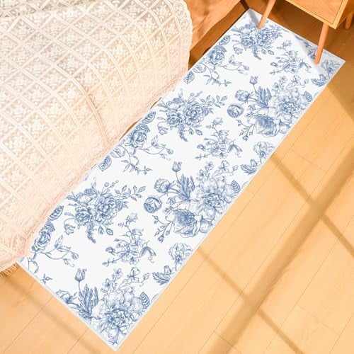 Blur Floral Runner Rug 2 x 6 ft Large Something Blue Before I Do Soft Washable Rug with Non Slip, Low Pile Stain Resistance Carpet for Entryway Hallway Kitchen Laundry Living Room