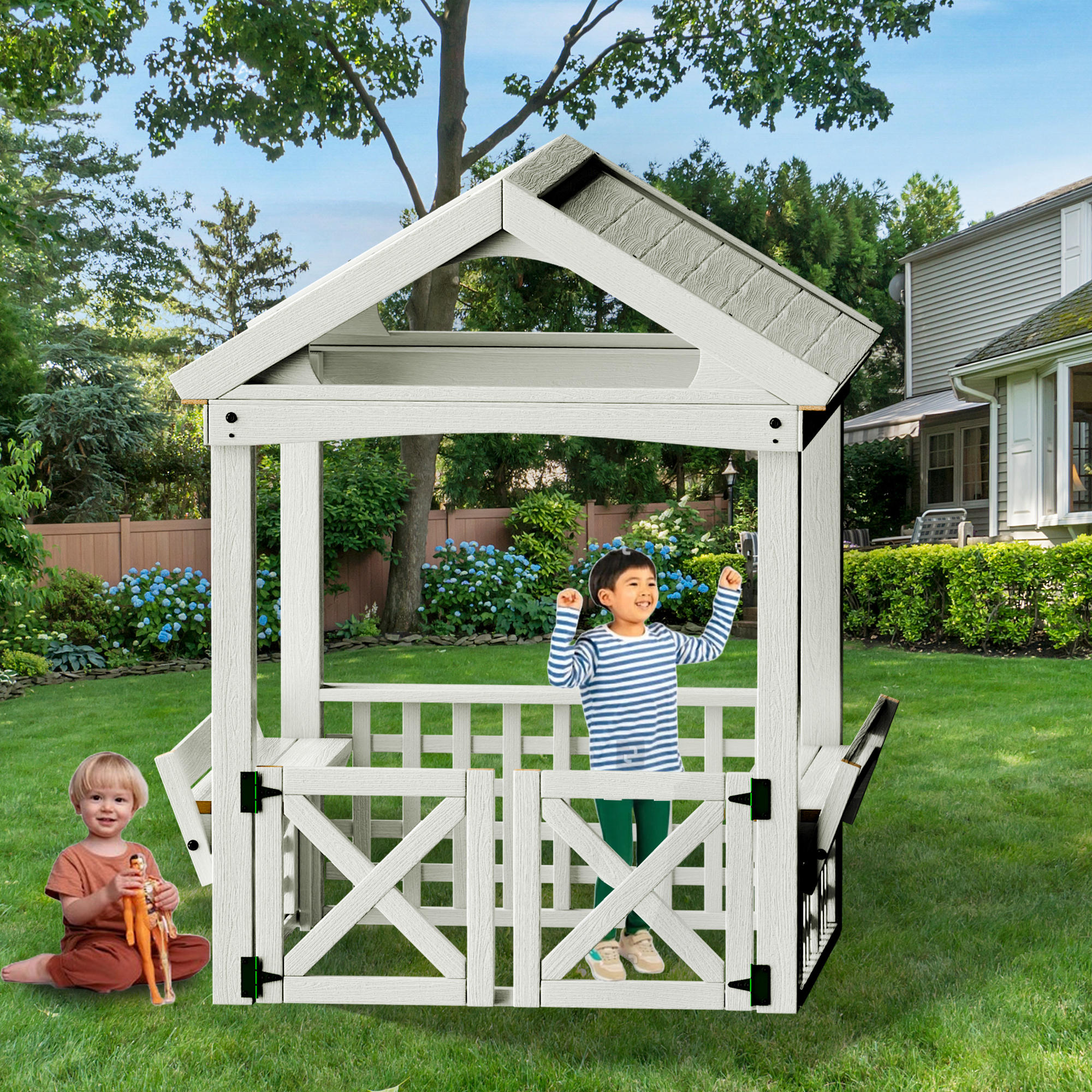 COCLUB Outdoor Wooden Playhouse for Kids Ages 4 8 Backyard Treehouse with Bench Door Weatherproof Roof Wood Playhouse