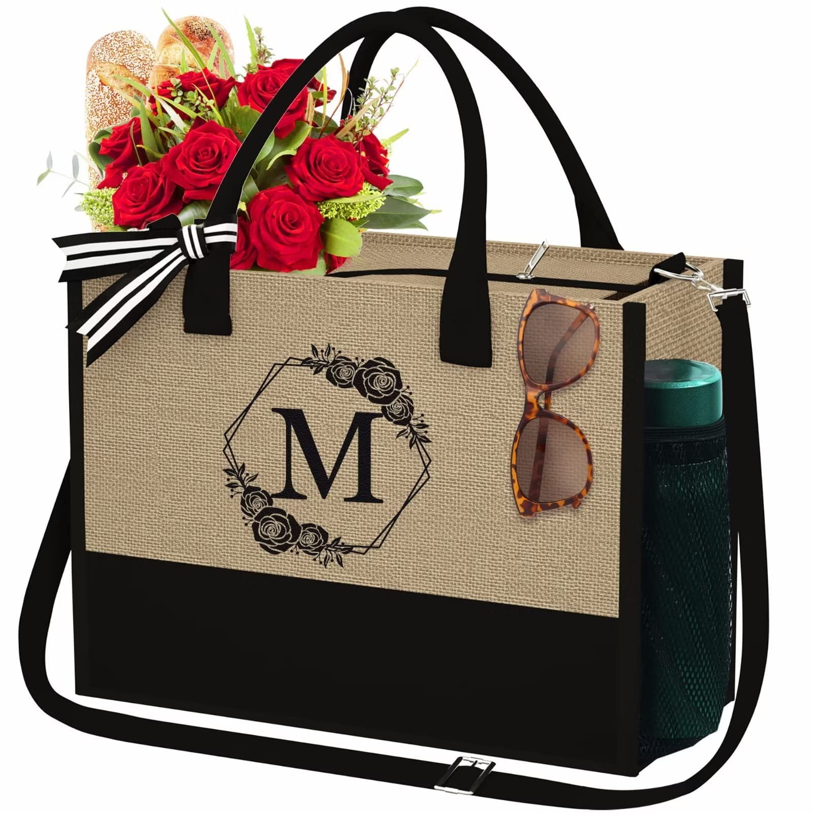 TINGN Initial Jute Beach Travel Tote Bag with Zipper Adjustable Strap
