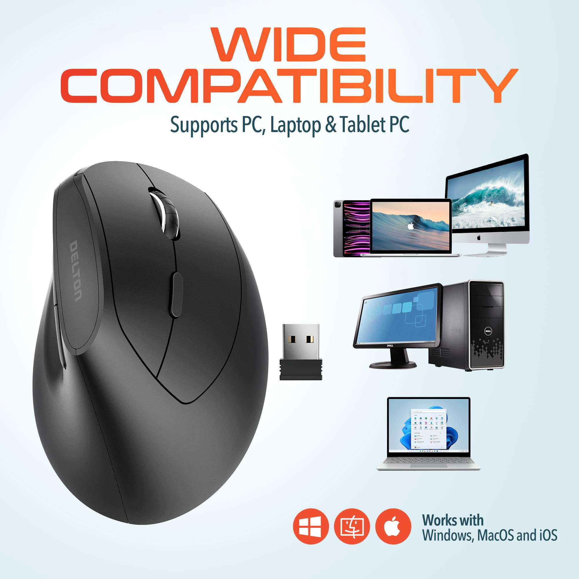 Delton S12P Vertical Computer Wireless Mouse, 2.4G Wireless Connection, 6 Buttons, 3 Adjustable DPI (800/1200/1600) Compatible for Windows/Laptop/PC/MacOS - Black