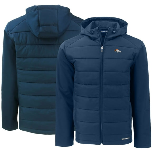 Men's Cutter & Buck Navy Denver Broncos Evoke PrimaLoft Hybrid Eco Softshell Recycled Full-Zip Hooded Jacket