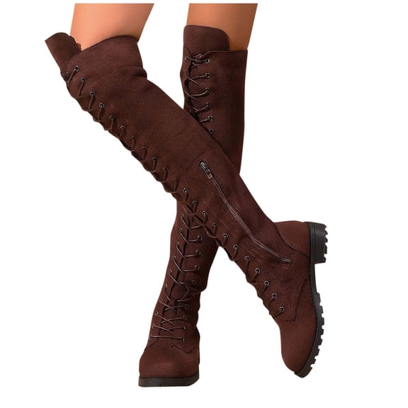 prrcolt Womens Knee High Boots Faux Suede Pointy Toe Mid Heel Stretch Legs Casual Stylish Comfort Lace Up Booties with Zipper for Walking