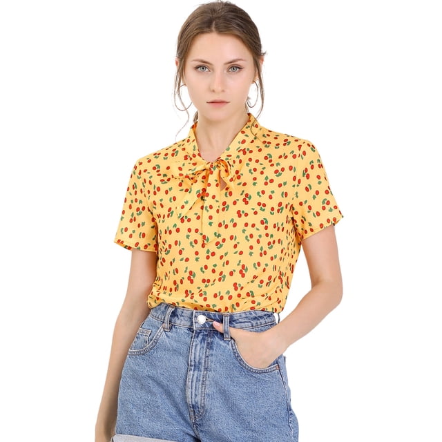 Blusa Para Mujer Estampado De Cereza Cuello Con Corbata De Lazo Para Mujer Amarillo XS