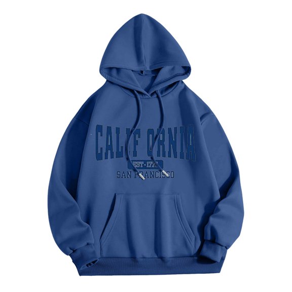 Women Plus Size Tops Winter Comfy Hooded Long Sleeve Blouson Off the Shoulder Drawstring Graphic Leisure Flannel Hoodies Sweatshirts(Blue,M)