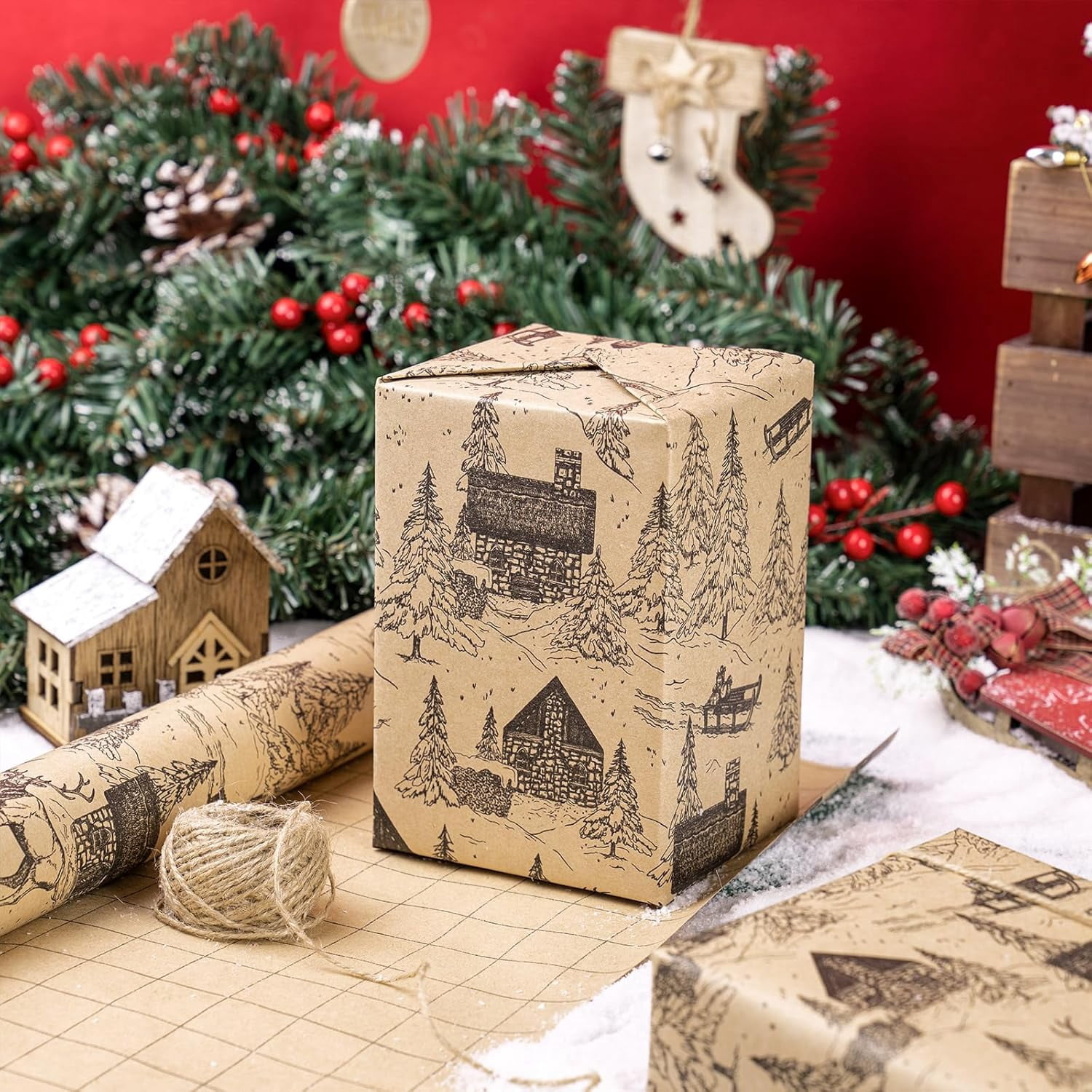 Kraft Christmas Wrapping Paper Roll, Mini Roll, Vintage Black Winter Cabin and Forest Scene Design, Rustic Holiday Gift Wrap for Women, Men, Xmas Gifts, Winter Party, 17 Inches x 16.4 Feet