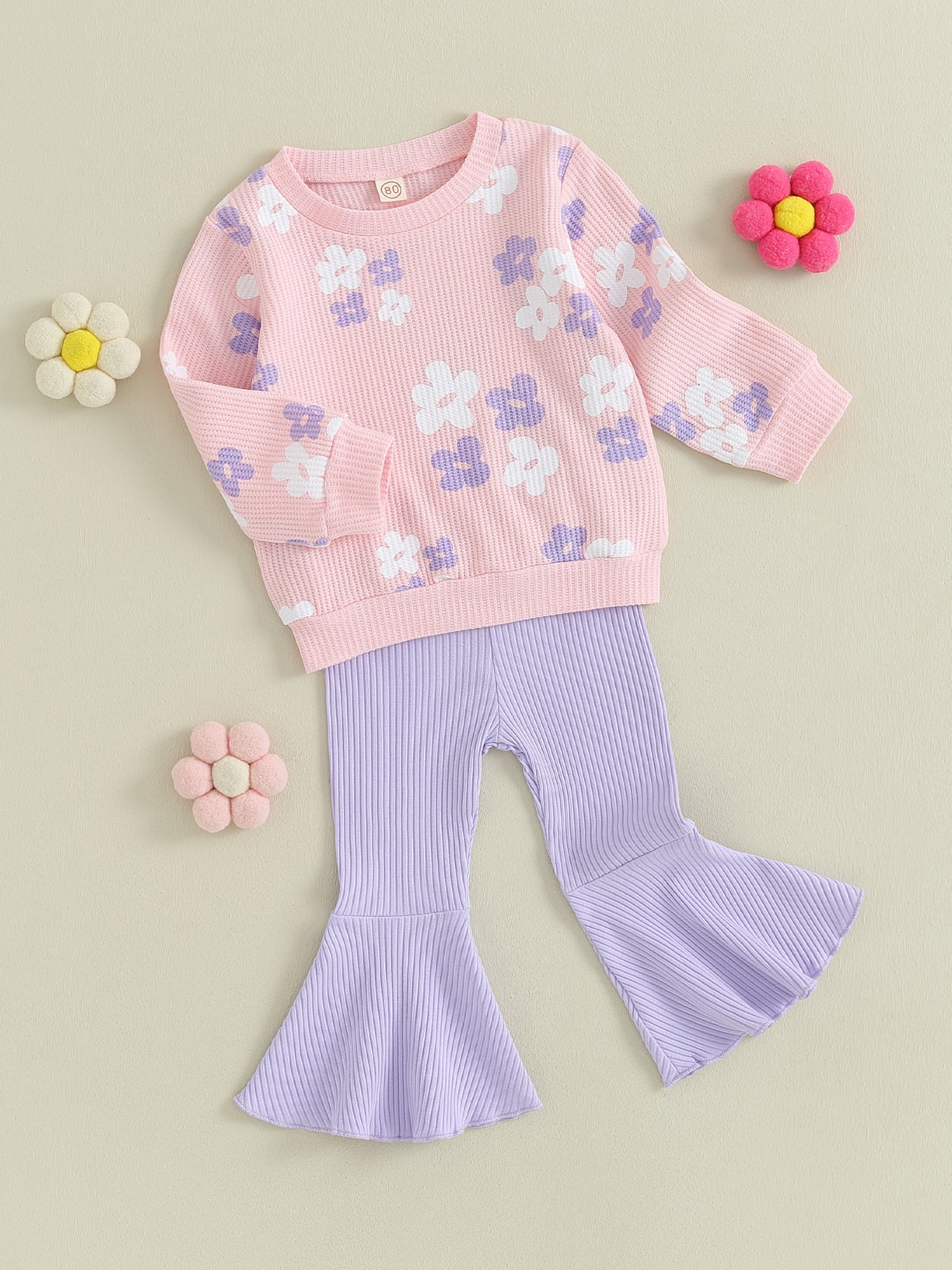 GXFC Little Girl Fall Outfits Set Clothes 6M 1T 2T 3T 4T 5T Kids Girl Long Sleeve Floral Sweatshirt Tops and Flare Pants 2Pcs Casual Autumn Clothing for Children Girl