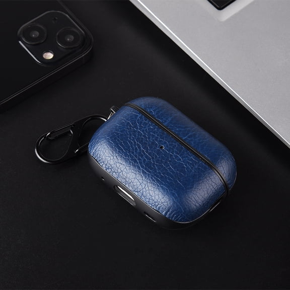 ELEHOLD Case for Airpods Pro 3rd Gen (2025), Luxury Shockproof Split Leather Texture Protective Cover with Carabiner, Easy Access, Blue