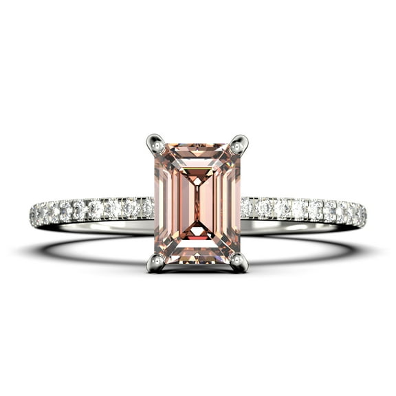 Art deco 2.00 Carat Emerald Cut Morganite And Diamond Moissanite Engagement Ring Set, Wedding Ring in 10k Solid White Gold, Feminine Gift, Promise Ring, Anniversary Gift