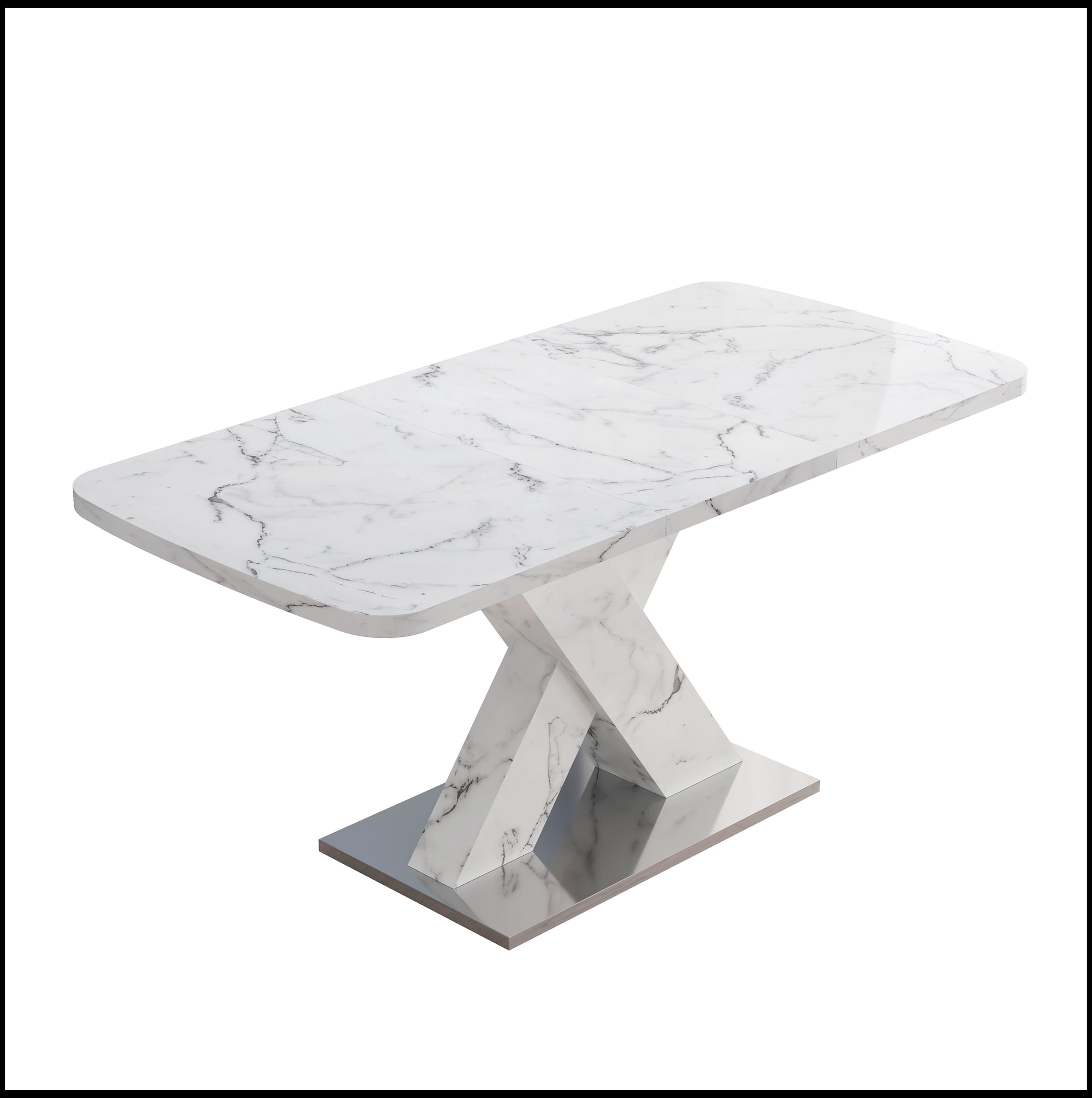 Modern Square Dining Table, Stretchable, with Printed White Marble Table Top+MDF X-Shape Table Leg with Metal Base