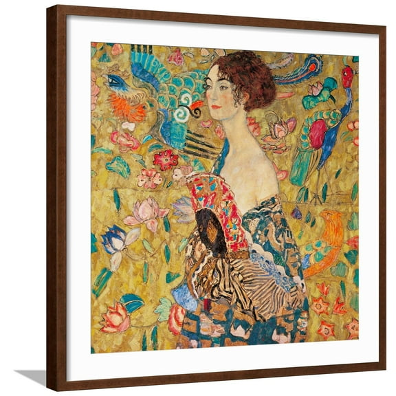 Art.com Donna con ventaglio Art Print by Gustav Klimt, Brown Frame Wall Art, 29" x 29"