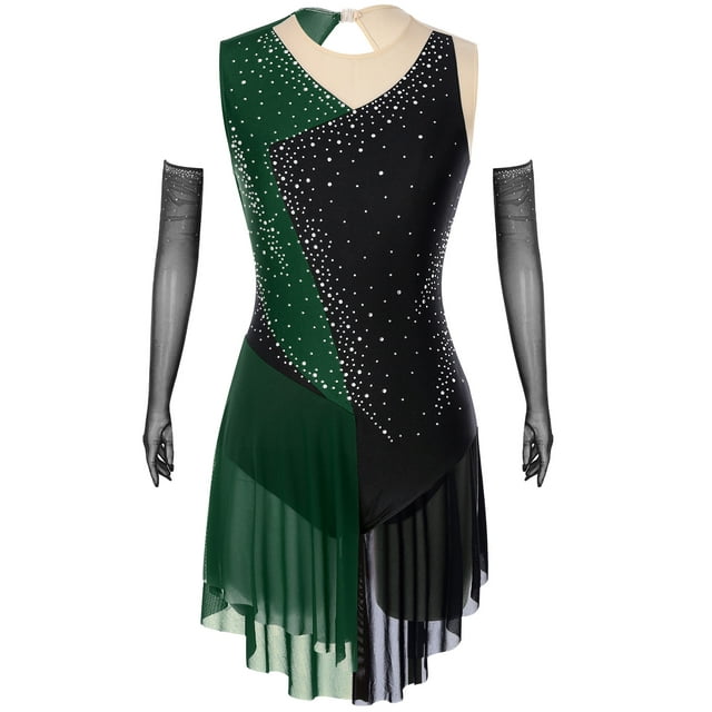 Haitryli Robe de Patinage Artistique Sans Manches avec Strass, Jupe de Ballet Lyrique avec Gants Vert L