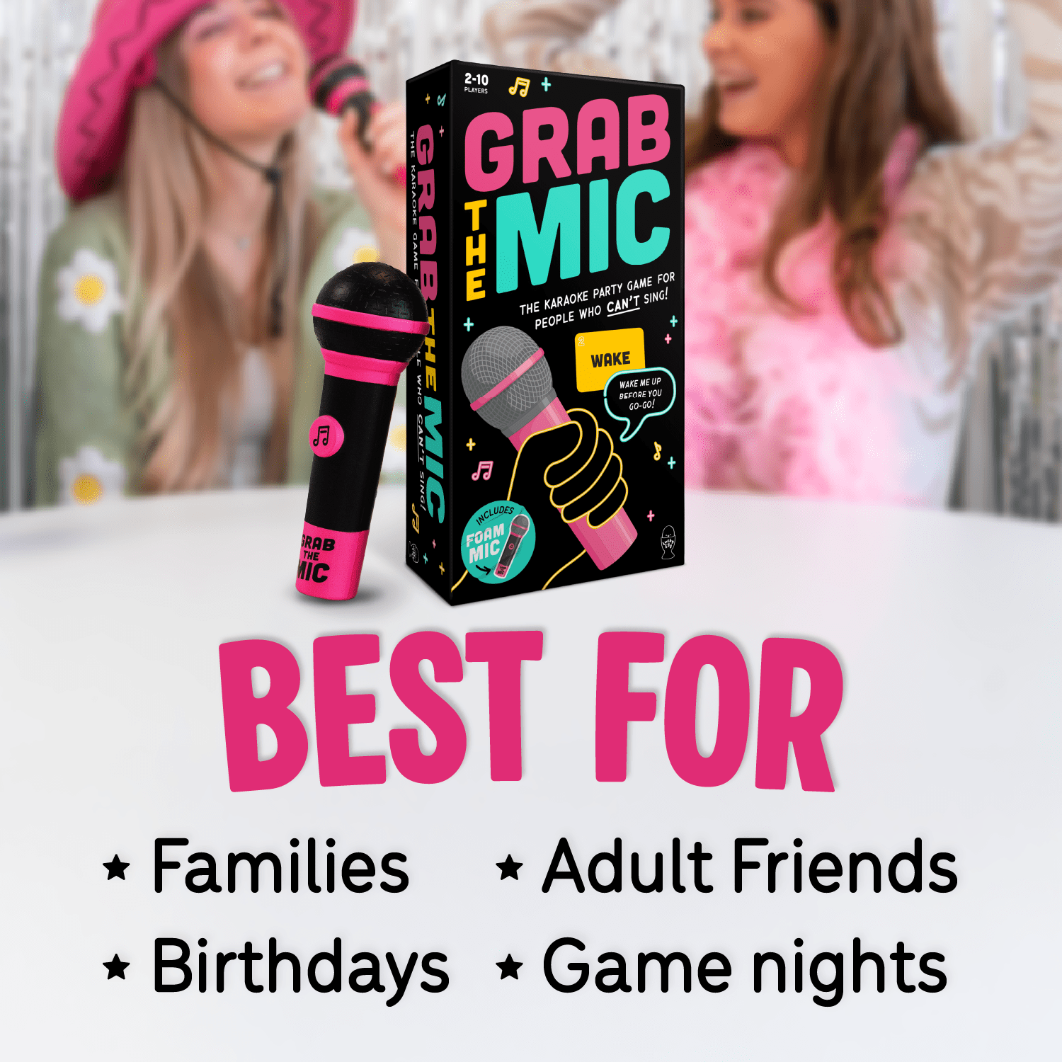Lucky Egg Official Grab The Mic – Family Karaoke Board Game w/Foam Mic, 8+ Ages, 2-10 Players