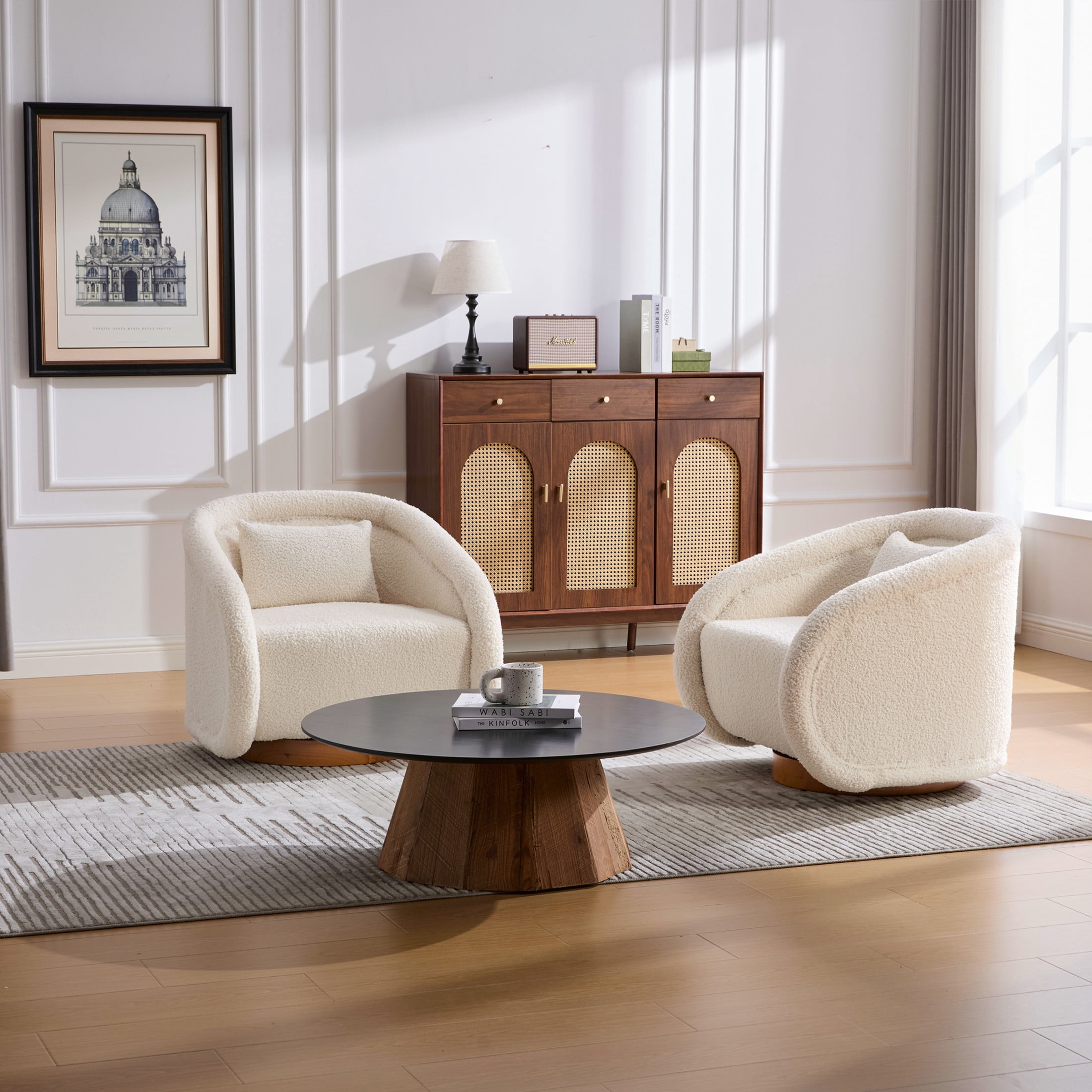 Noble House Modern Teddy Swivel Barrel Accent Chair, 360 Degree Wood Base Pumpkin Design, White