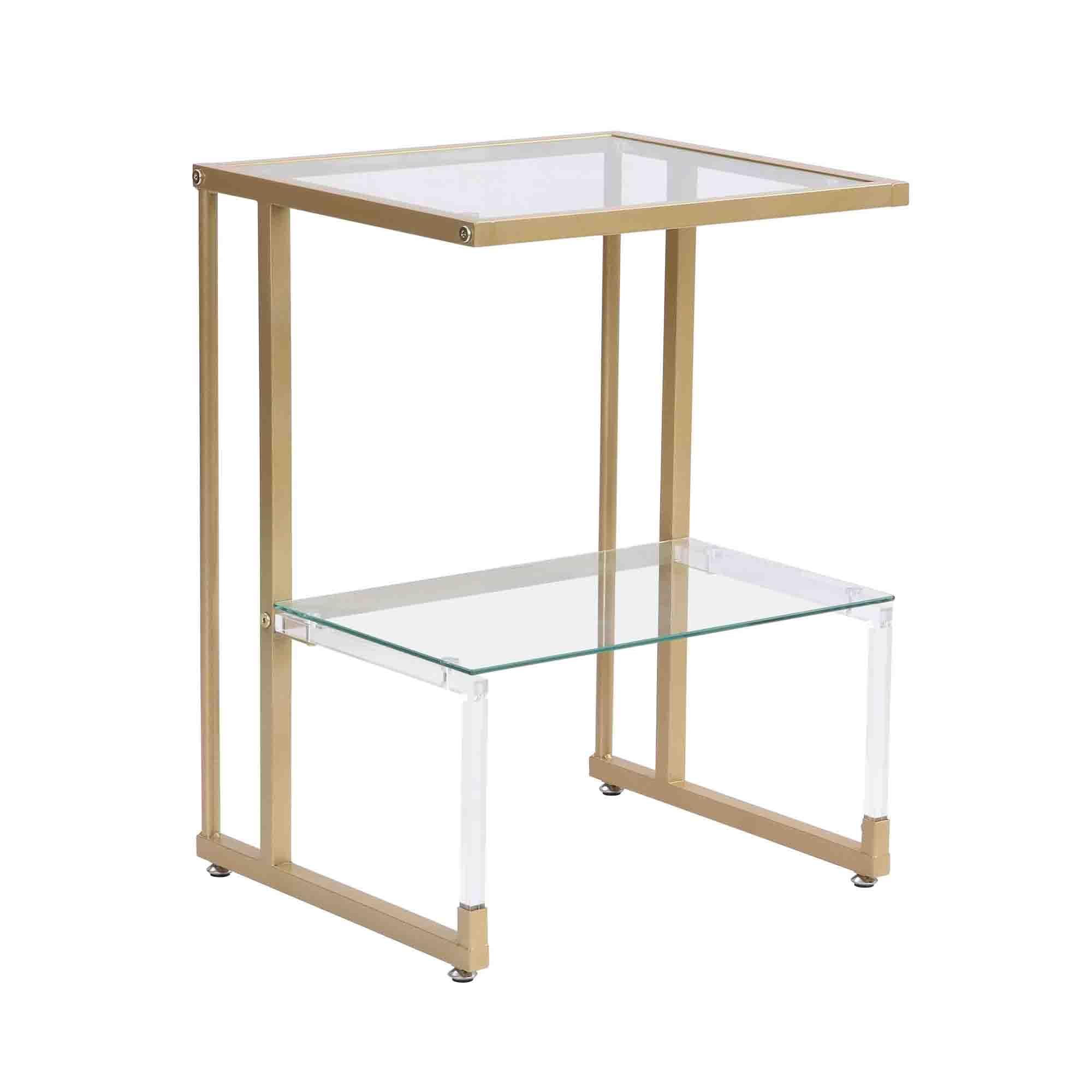 Gewnee 2-Tier Acrylic Glass End Table,Modern Side Table with Tempered Glass Shelves,Gold