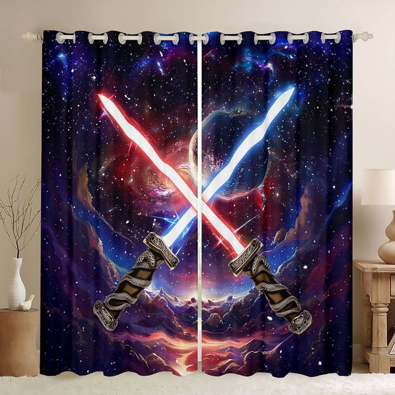 jejeloiu Lightsaber Black Out Curtains,Universe Starry Night Curtains Pack of 2 (42x63 Each),Colorful Galaxy Bedroom Curtains For Boys Kids,Microfiber Bedroom Decor