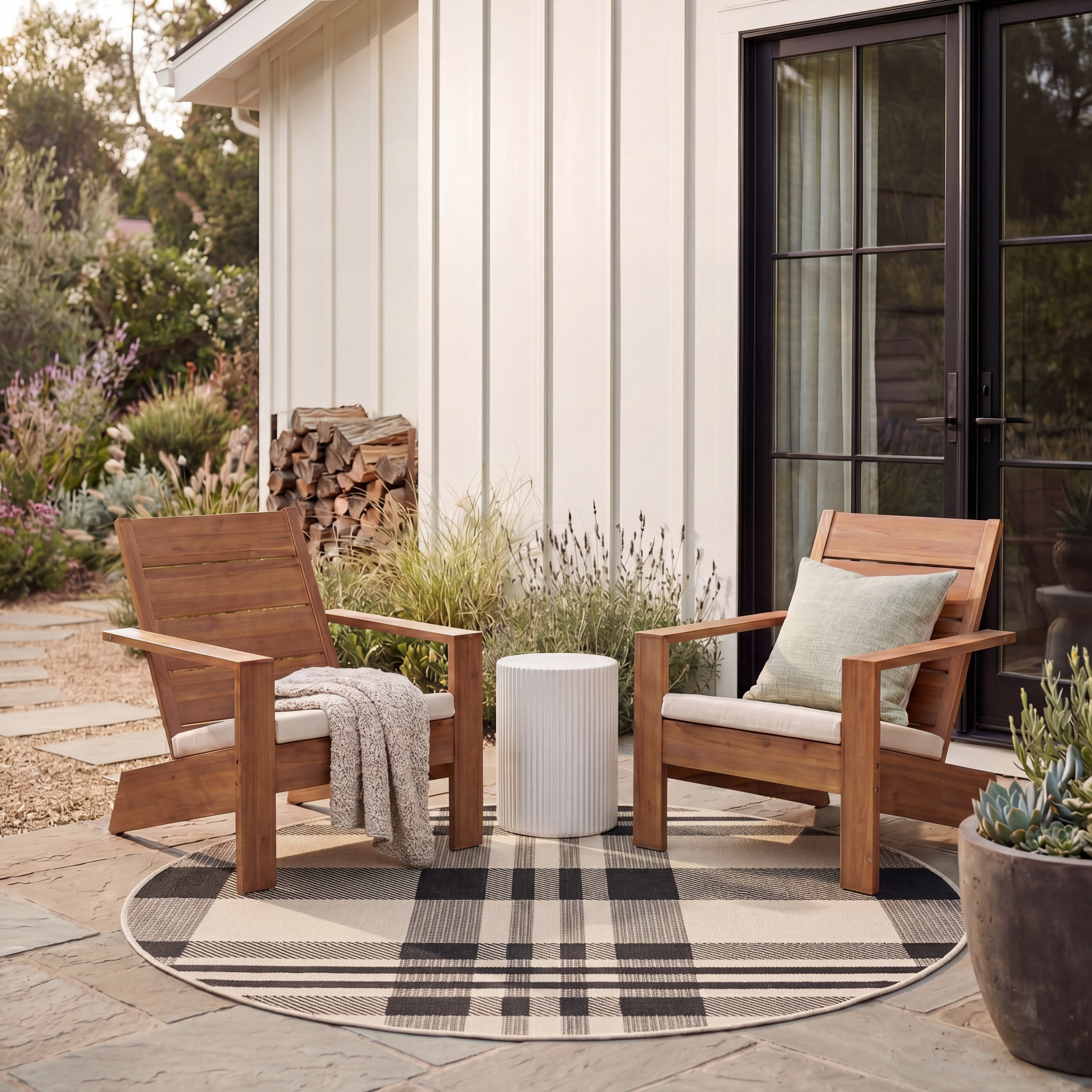 Safavieh Courtyard Benjamin Plaid Indoor/Outdoor Area Rug, Black/Bone, 7'10" x 7'10" Round