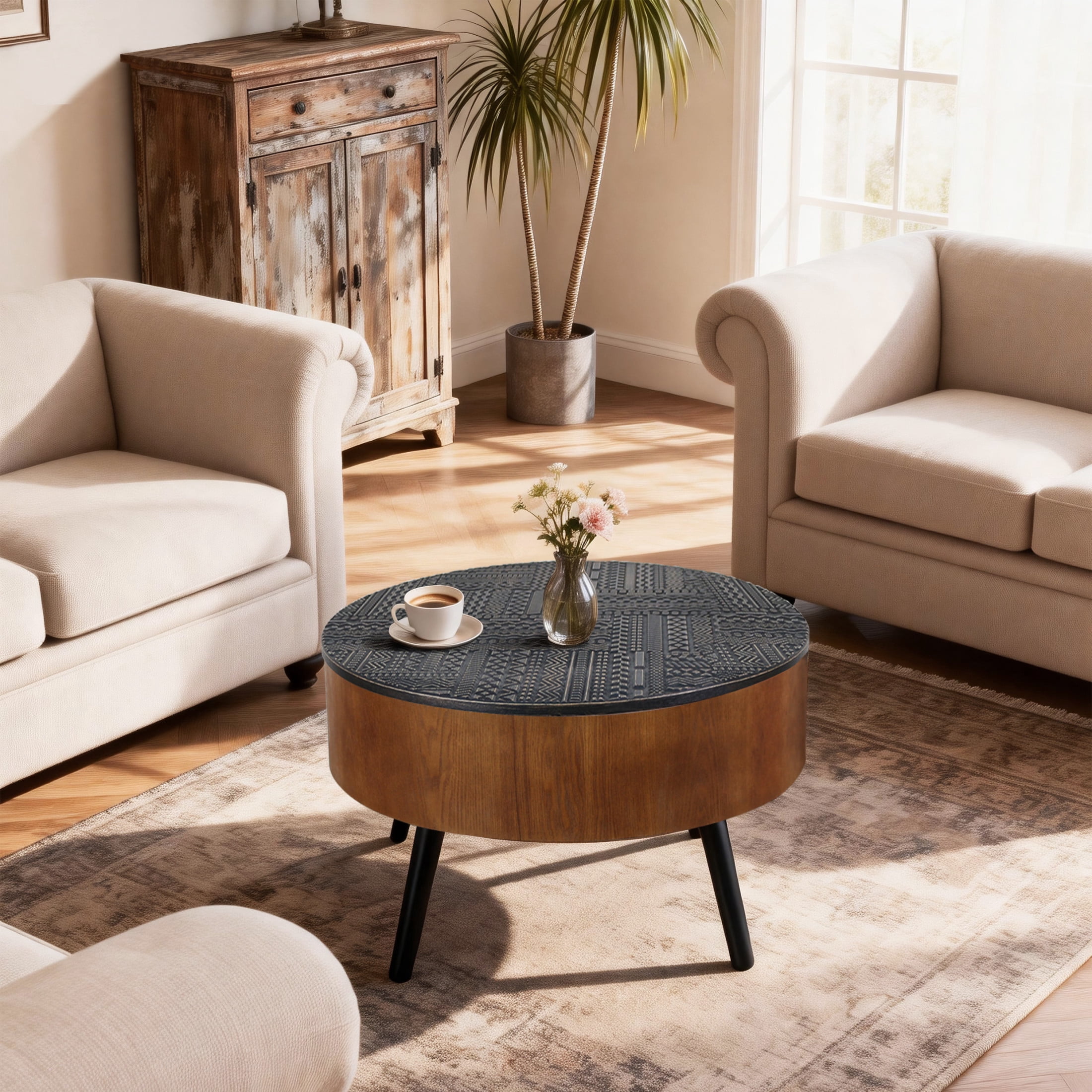 Noble House Tappen 31.5" Round Coffee Table with Engraved Top, American Wood Side Table for Small Spaces, Brown