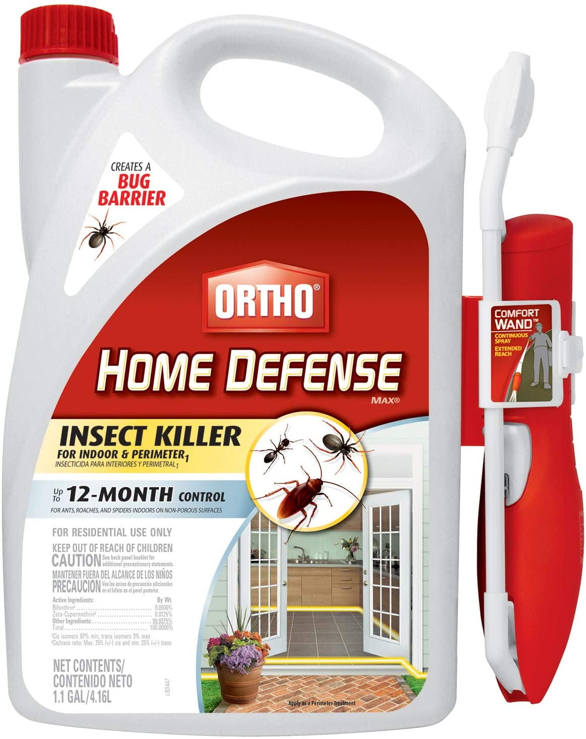 Home Defense MAX Insect Killer for Indoor & Perimeter1 with Comfort Wand - Kills Ants, Cockroaches, Spiders, Fleas, Ticks & Other Listed Bugs, Creates a Bug Barrier, 1.1 gal