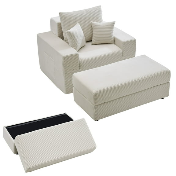 VEVOR Chaise Lounge Chair, 44 in Boneless Modular Chaise Lounge Indoor, Oversized Corduroy Reading Chair with Throw Pillows & Armrests, Deep Seat Sofa Couch Sleeper for Living Room, Bedroom, Beige