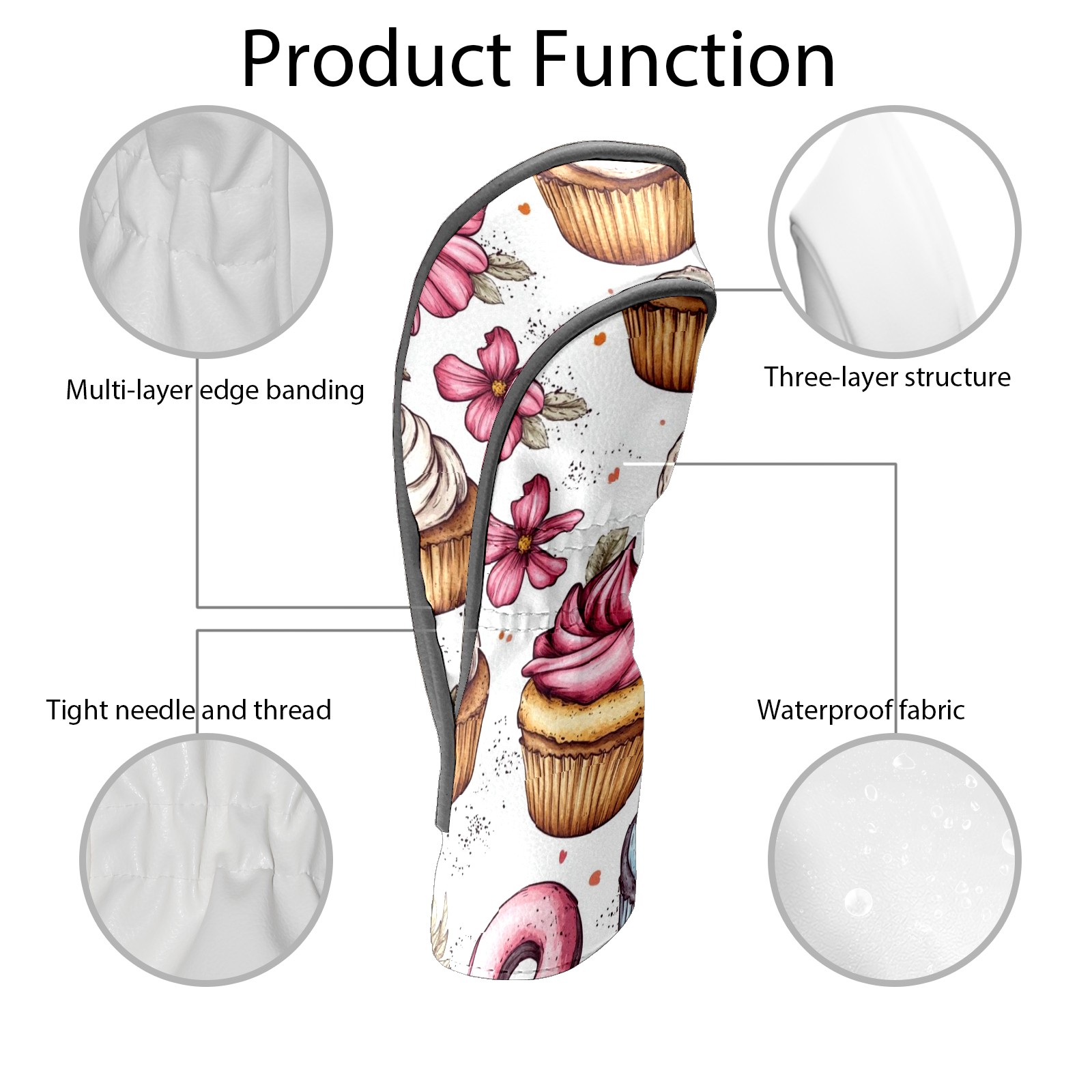 Golf Head Covers Cake Pattern for Driver, Wood & Hybrid, Premium Waterproof PU Leather with Plush Lining, Fun Food Golf Gifts