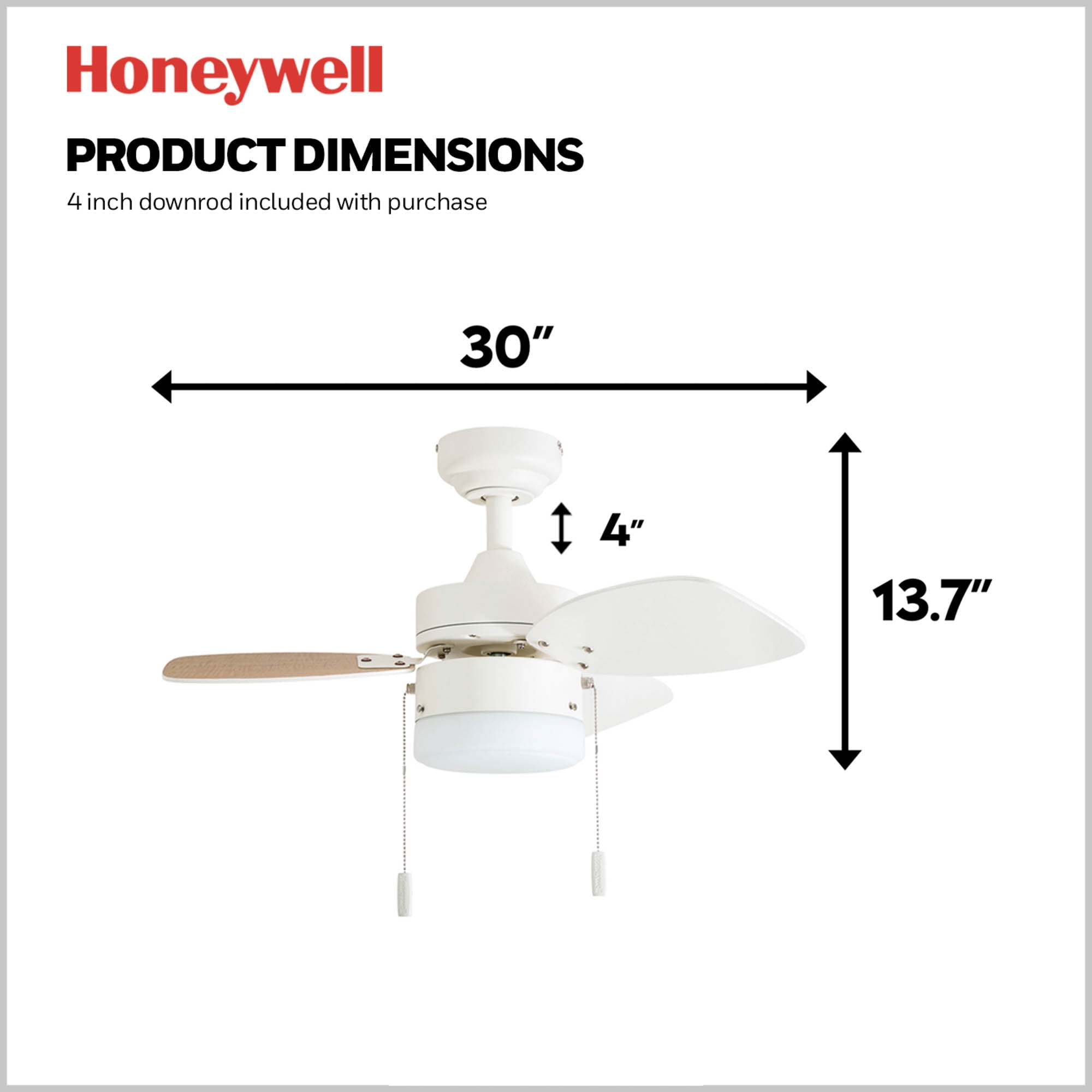 Honeywell Ocean Breeze 30" White Indoor Ceiling Fan with Light, 3 Blades, & Reverse Airflow