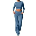 thumbnail image 2 of ICHUANYI Women's 2 Piece Sets Low Waist Fold-over Flare Pants Set Short/Long Sleeve Cropped Top Casual Outfits Pajamas, 2 of 9