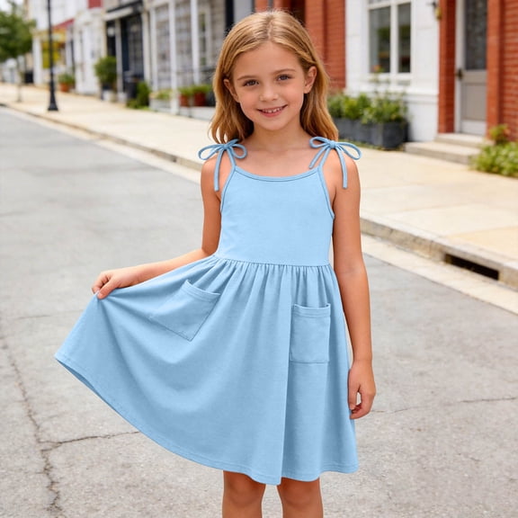 BRGZLK Little Girls Dress Toddler Summer Fashion Cute Solid Color Casual Ruffle Halter Sleeveless Bowknot Sundress with Pocket for Birthday Party Blue 5-6 Years