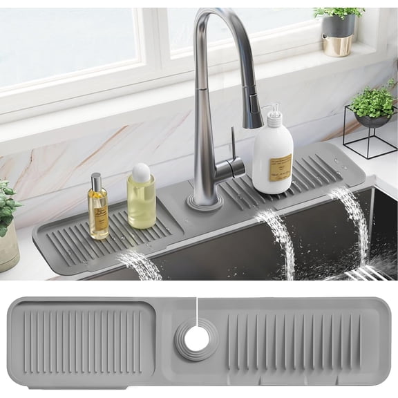 24 Inch Faucet Mat for Kitchen Sink Splash Guard Behind Faucet, Sink Protectors for Kitchen Sink Faucet Mat Splash Guard for Kitchen Sink Area, Longer Silicone Faucet Guard & Draining Mat, Grey