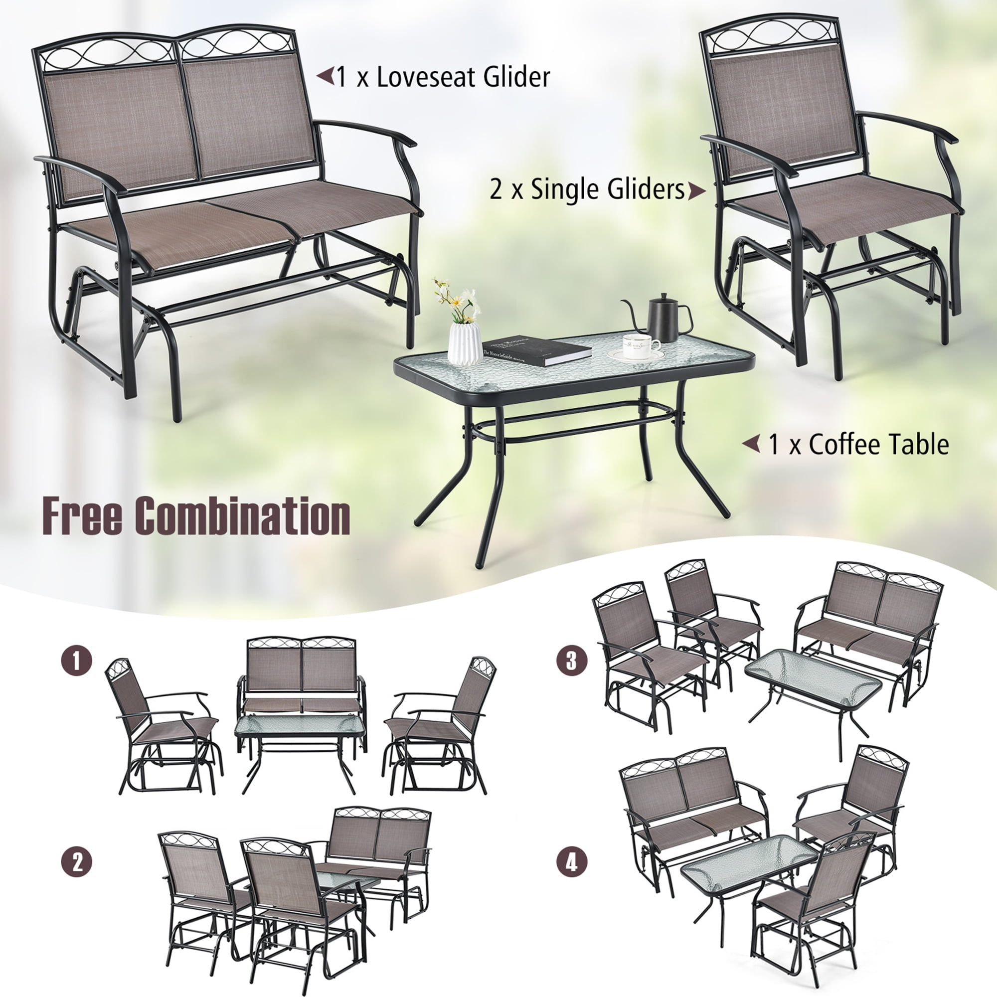 Gymax 4PCS Outdoor Glider Chair & Table Set Patio Conversation Furniture Set