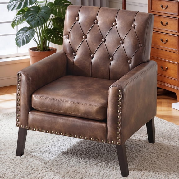 Dark Brown Faux Leather Club Chair with Tufted Back and Nailhead Trim