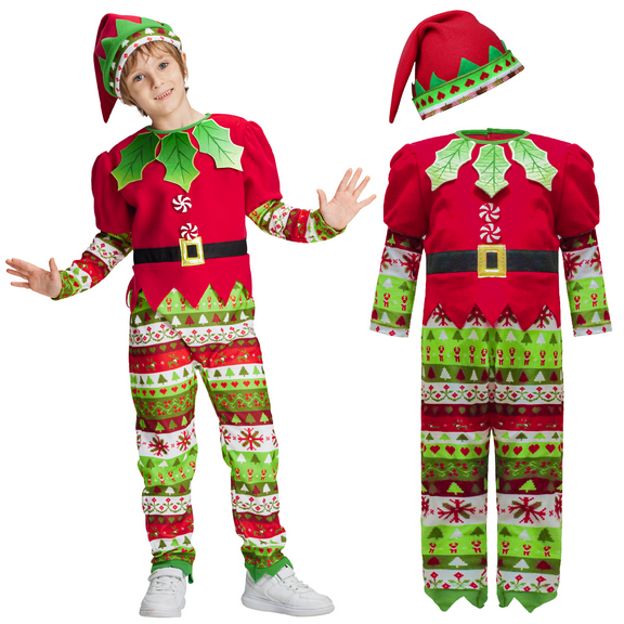 Boys Christmas Elf Costume, Xmas Flannel Jumpsuit Hat 2 Pcs Outfit for Children Fancy Dress 3-10 Years