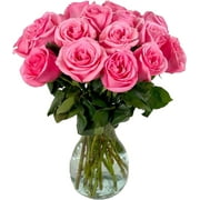 18 Pink Roses with Baby's Breath by Arabella Bouquets in a Hand-Blown Glass Vase (Fresh-Cut Flowers, Pink)