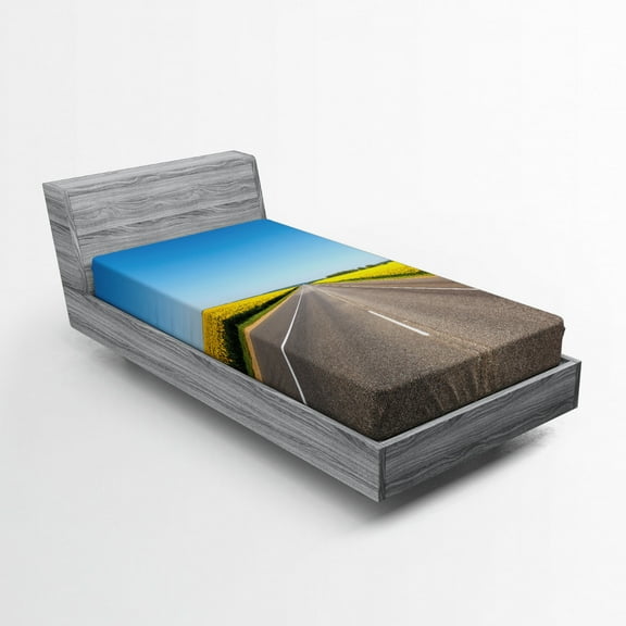 Ambesonne Yellow and Blue Fitted Sheet, Sunflowers Road, Twin XL Size, Grey Sky Blue