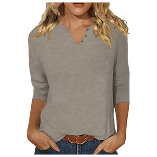 Women Blouses Casual Tops Solid Color Fashionable Button New 3/4 Sleeve V Neck Tees for Ladies
