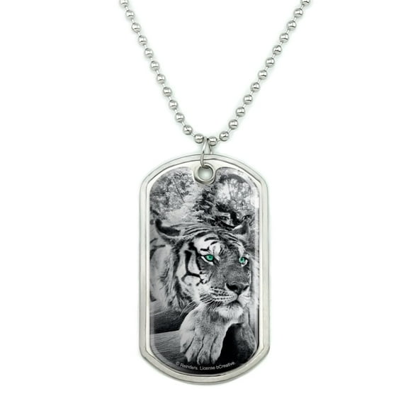 Black and White Tiger with Blue Green Eyes Military Dog Tag Pendant Necklace with Chain