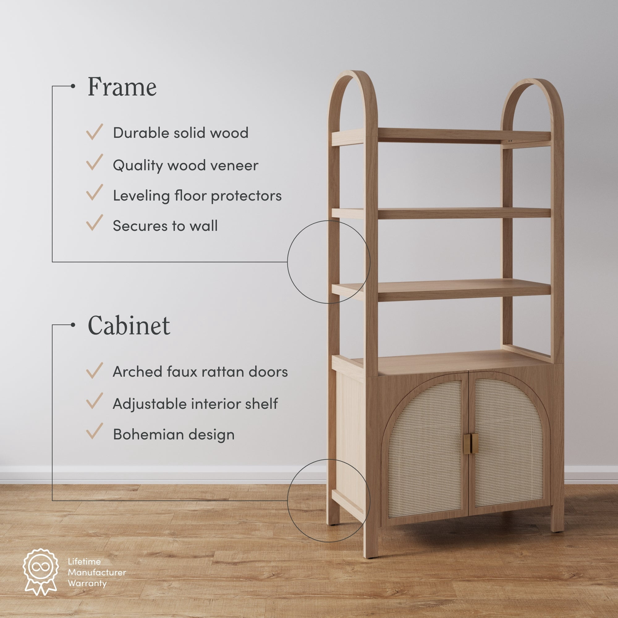 Nathan James Paxton Mid-Century Modern Bookshelf Cabinet with Solid Wood Frame Rattan Bookshelf with Cabinet Base, Arched Bookcase Cabinet for Living Room or Home Office, Raw Oak