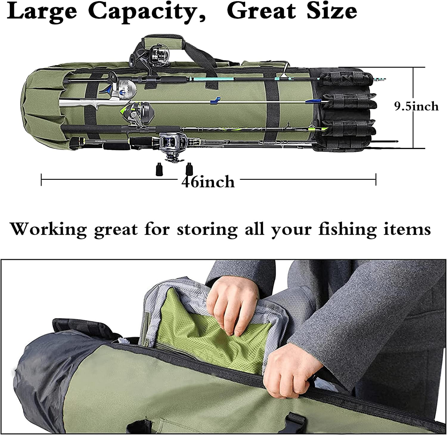 Fishing Bag, Campmoy Durable Canvas Fishing Rod Bag, Fishing Rod Case Holds  5 Poles and Tackle, Green