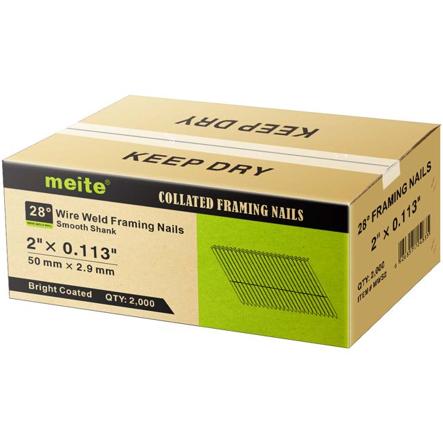 meite 28 Degree Framing Nails, 2"* .113" Wire Weld Collated Smooth